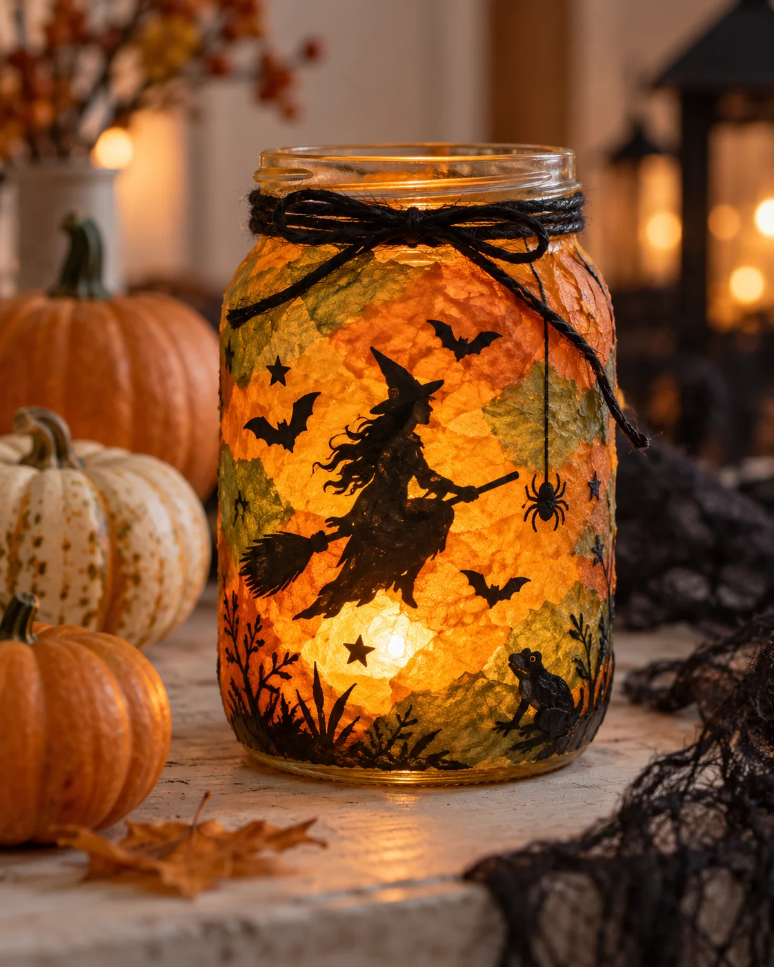 DIY Halloween witch lantern jar craft with glowing tissue paper, spooky black silhouettes, craft supplies, and cozy autumn decorations.