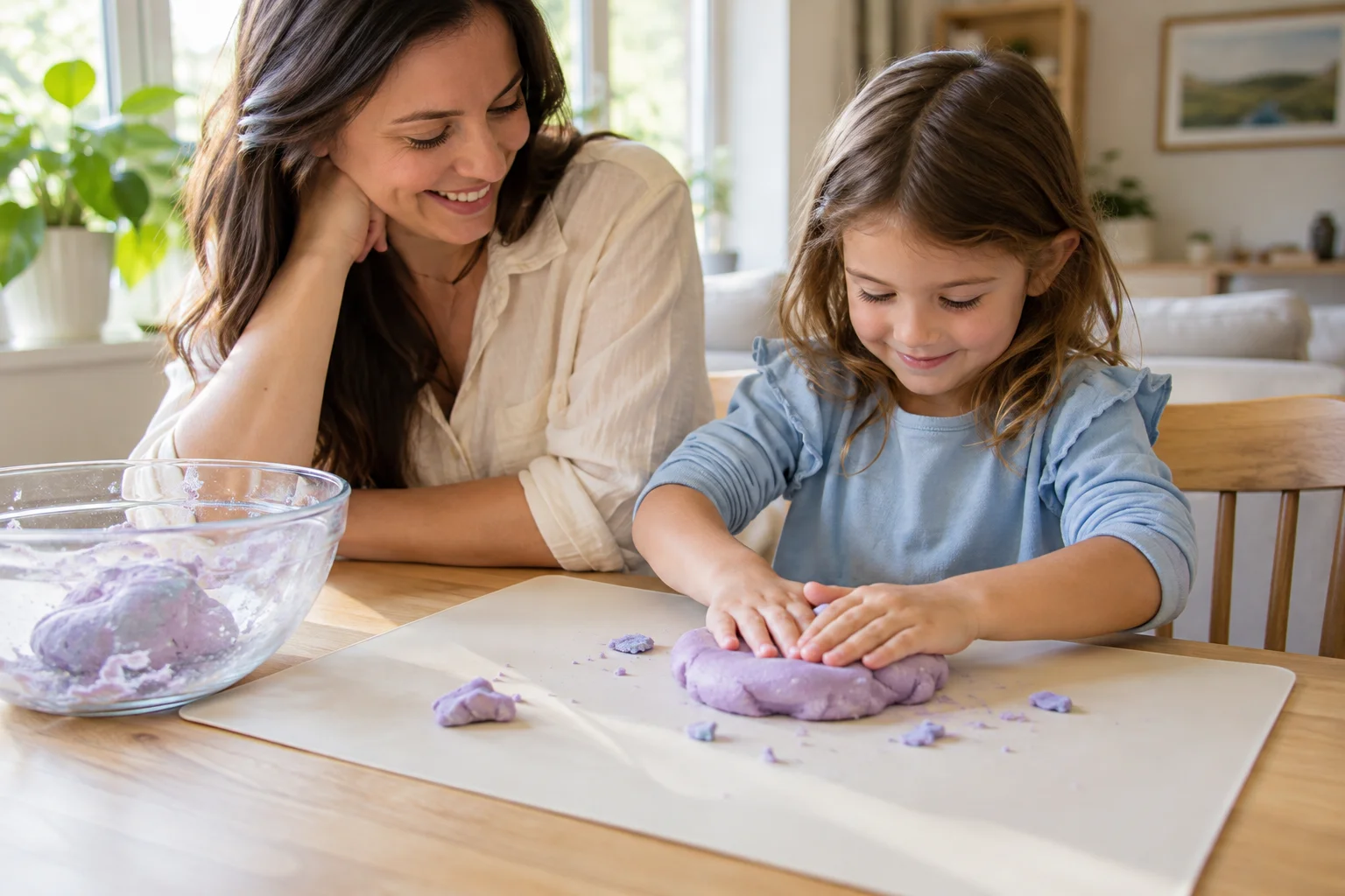 Homemade lavender sensory dough activity, showing ingredients, mixing, kneading, and a child shaping the dough with adult supervision.