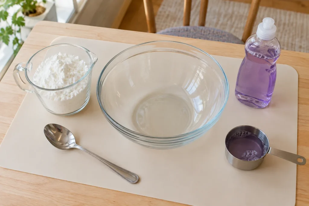 Homemade lavender sensory dough activity, showing ingredients, mixing, kneading, and a child shaping the dough with adult supervision.