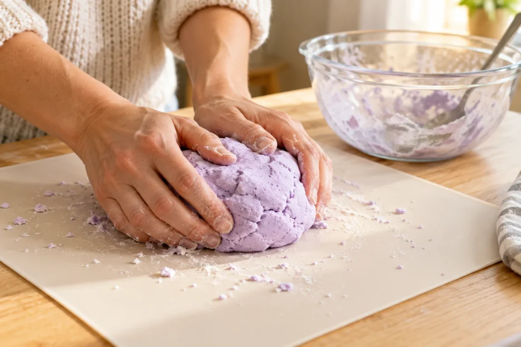 Homemade lavender sensory dough activity, showing ingredients, mixing, kneading, and a child shaping the dough with adult supervision.