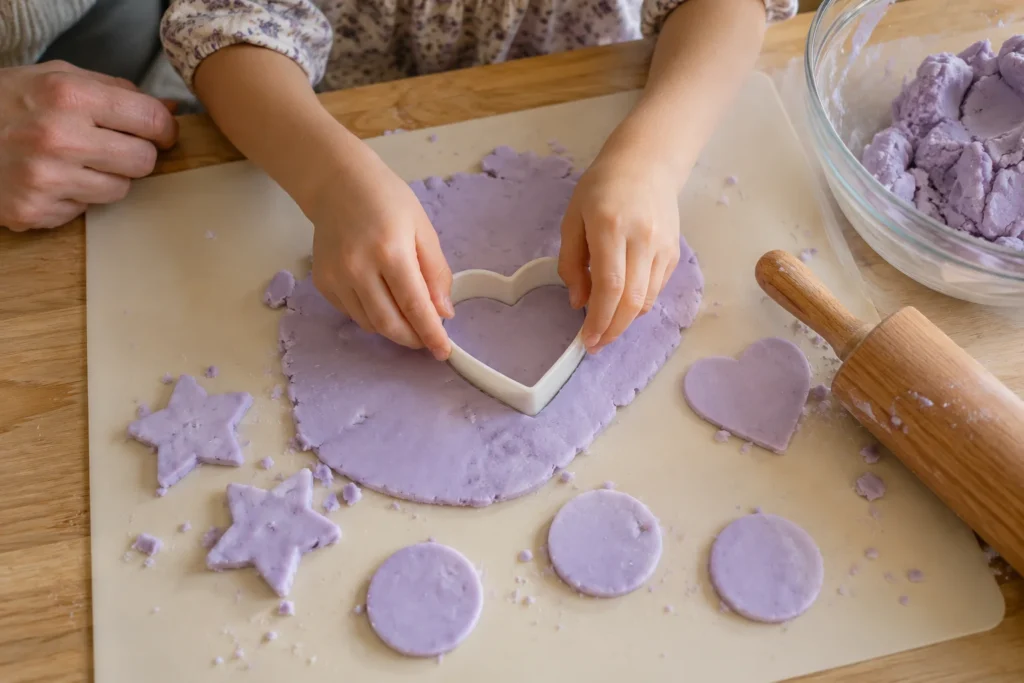 Homemade lavender sensory dough activity, showing ingredients, mixing, kneading, and a child shaping the dough with adult supervision.