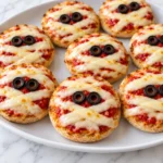 Halloween mummy mini pizza with melted mozzarella bandages and olive eyes lifted from a white platter on marble.