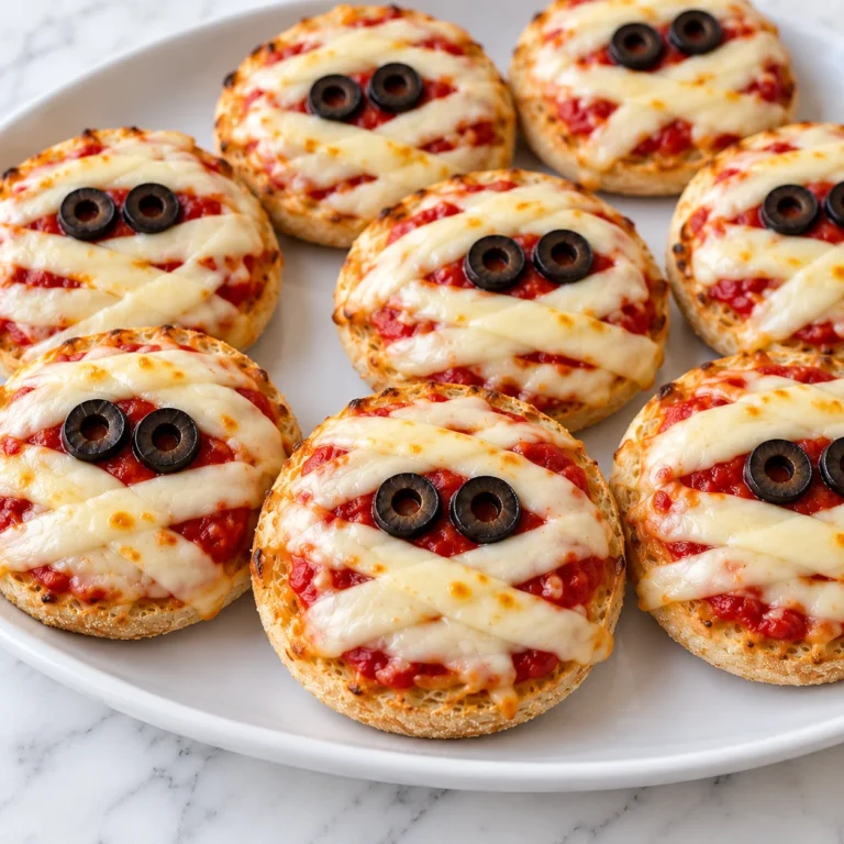 Halloween mummy mini pizza with melted mozzarella bandages and olive eyes lifted from a white platter on marble.