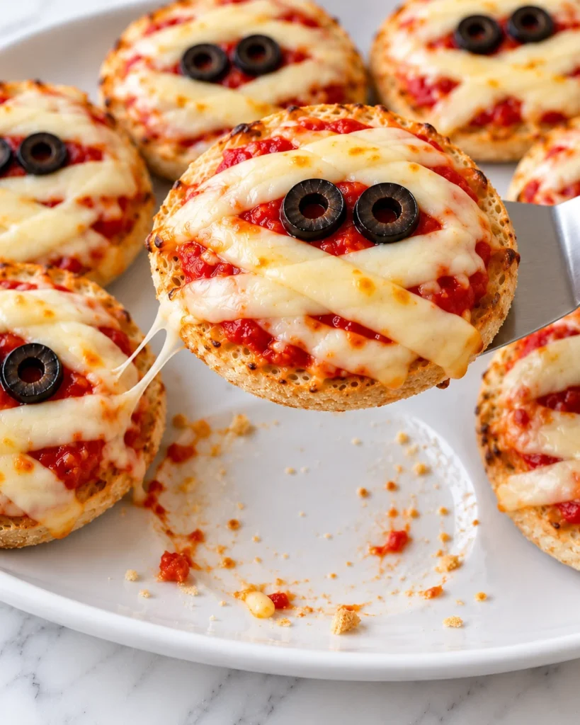 Halloween mummy mini pizza with melted mozzarella bandages and olive eyes lifted from a white platter on marble.