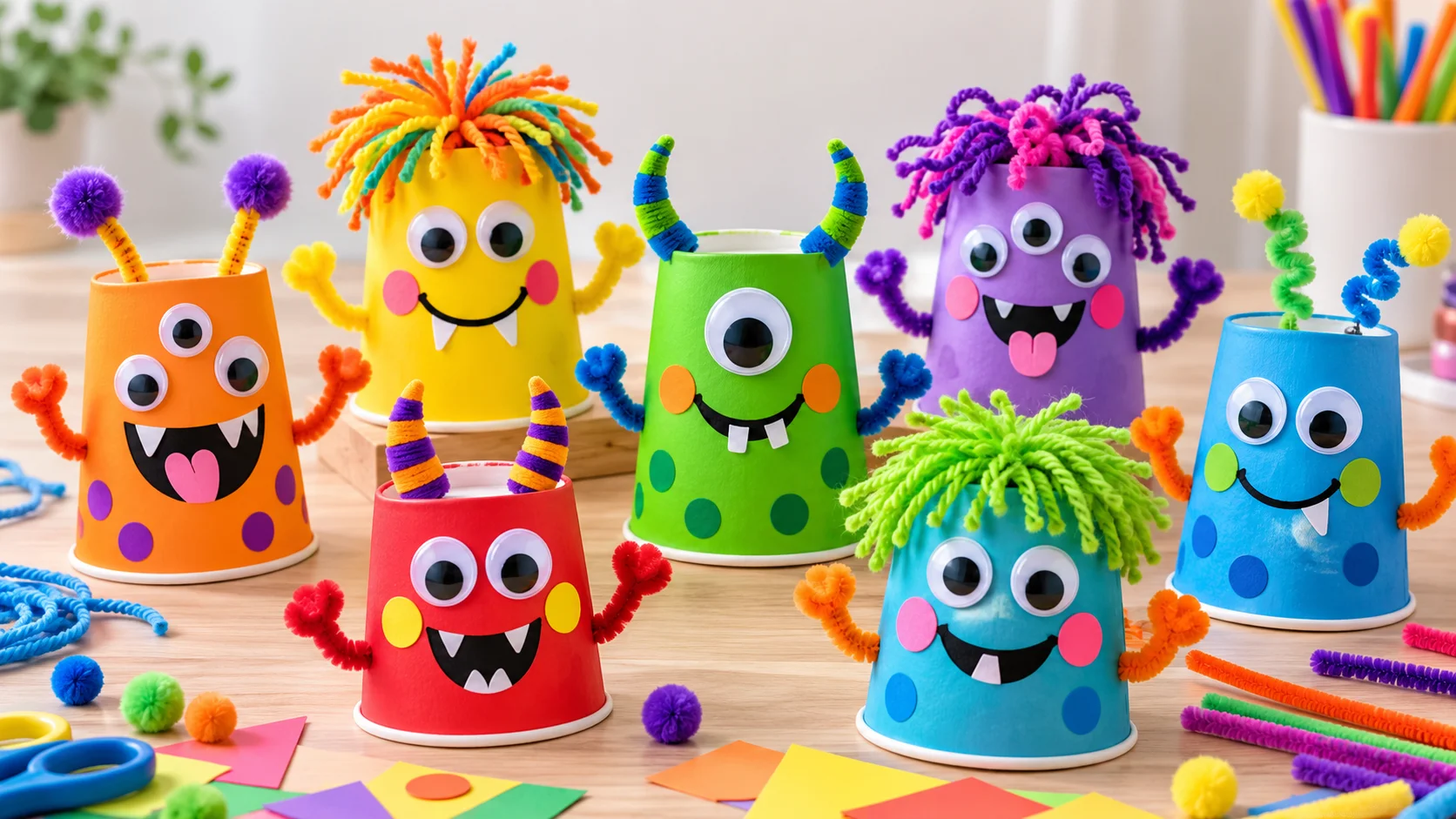 Colorful DIY paper cup monsters for kids with googly eyes, yarn hair, pipe cleaner arms, and funny faces.