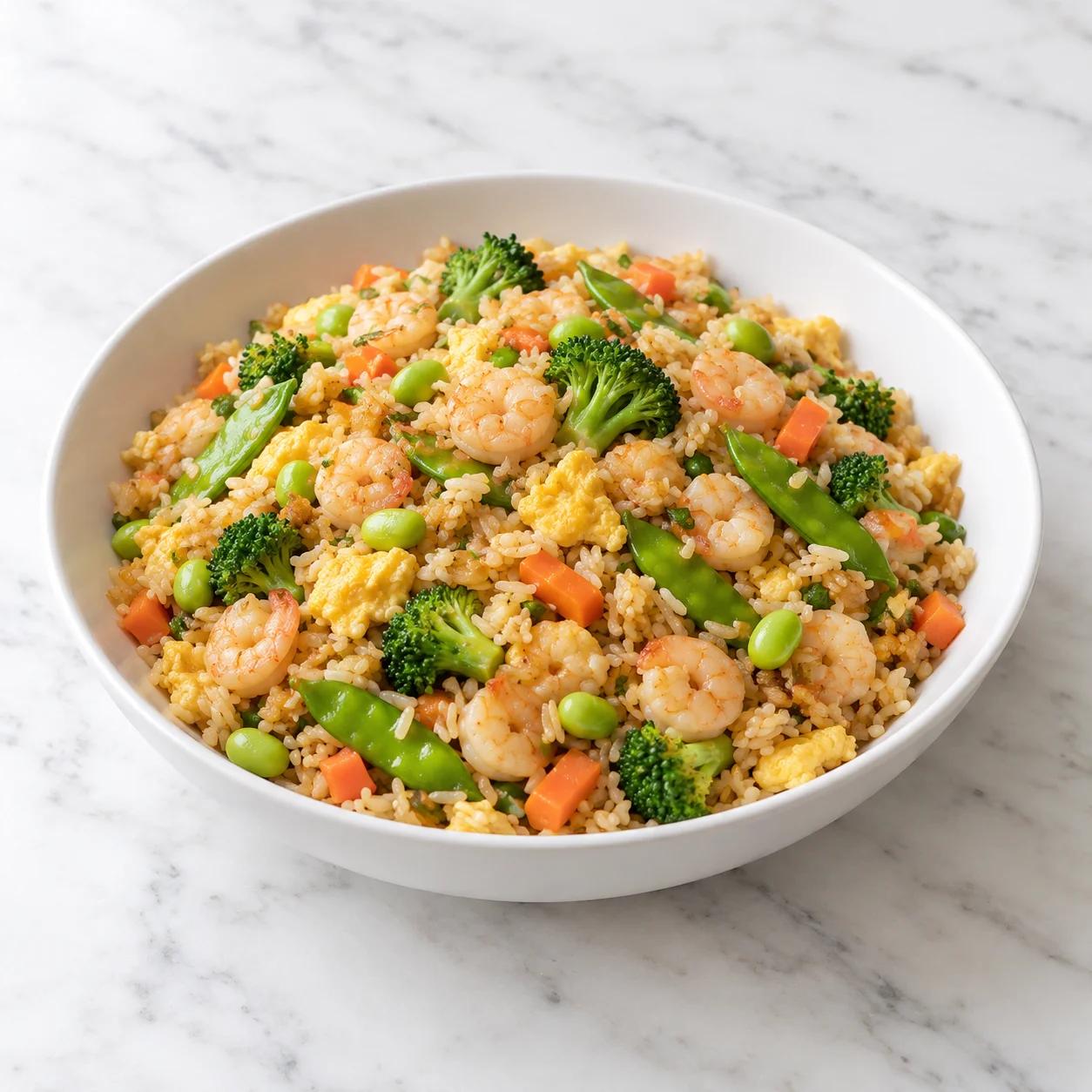 Shrimp fried rice with eggs, edamame, and mixed vegetables in a white ceramic bowl on white marble.