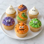 Halloween vanilla cupcakes with colorful buttercream, candy eyes, and sprinkles on a white ceramic platter over white marble