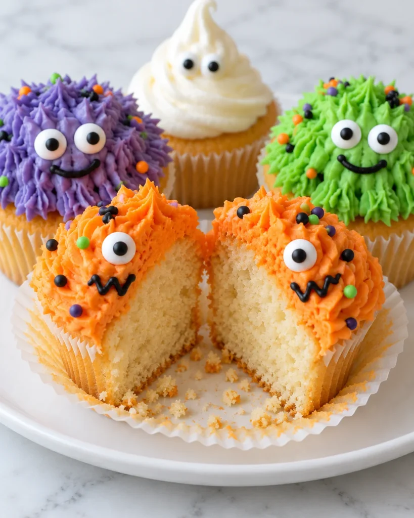 Halved Halloween cupcake revealing soft vanilla crumb beneath orange buttercream, with decorated cupcakes behind it on a white platter over white marble.