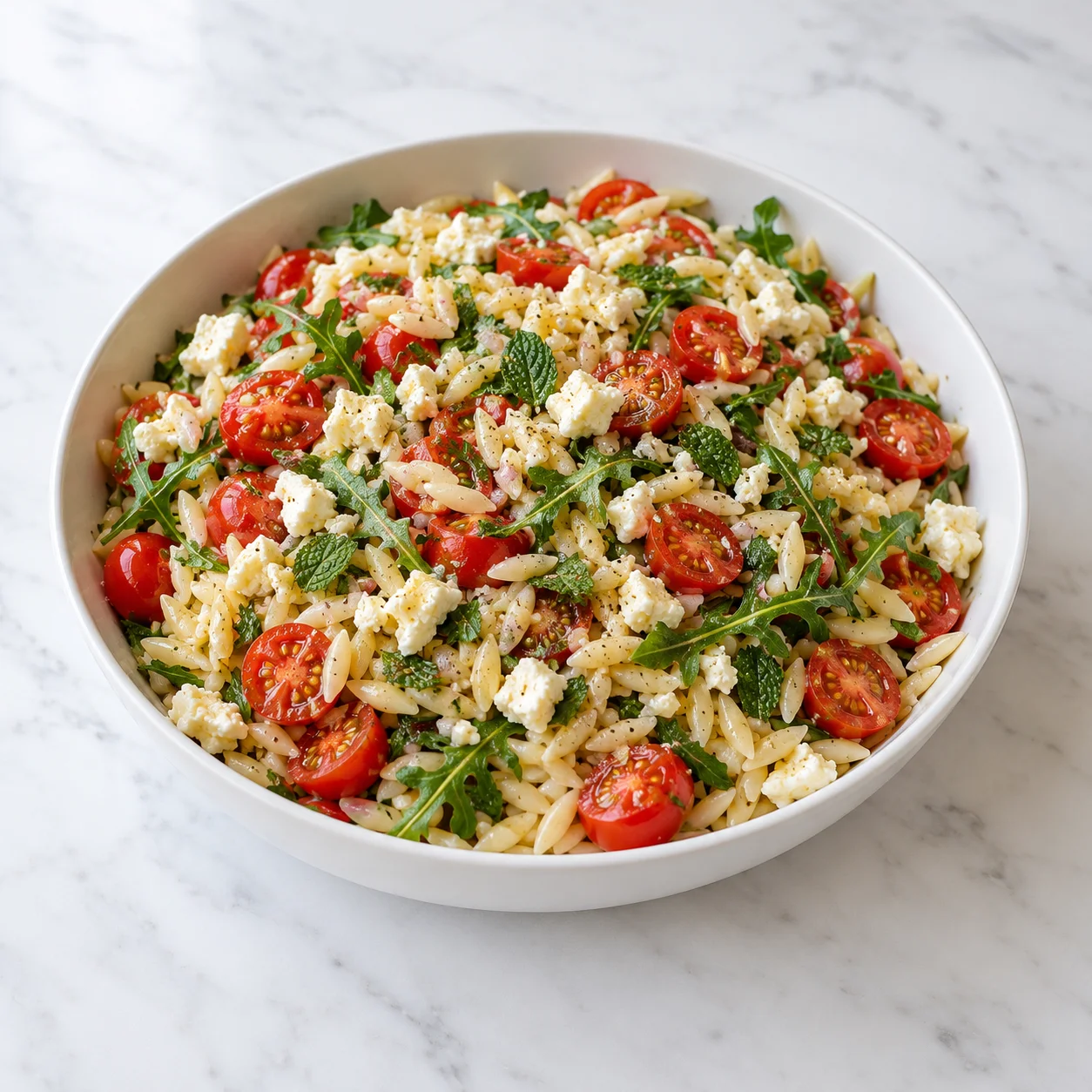 Orzo with cherry tomatoes, feta, mint, and arugula in a white ceramic bowl on white marble.