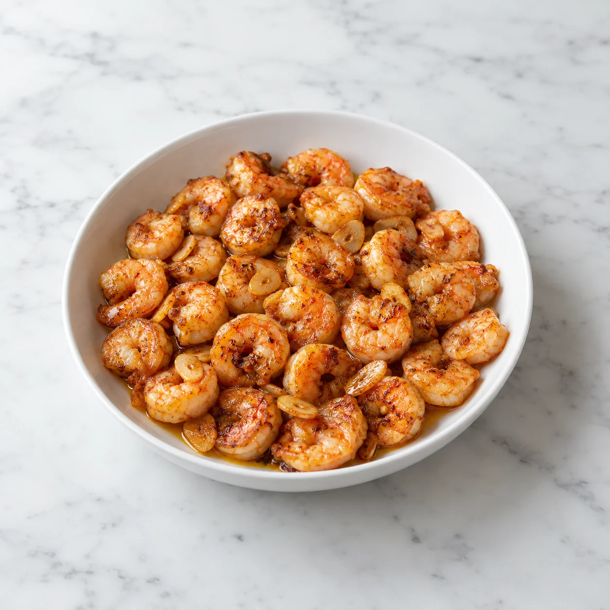 Garlic shrimp with smoked paprika, honey, and golden garlic slices in a white ceramic bowl on white marble.