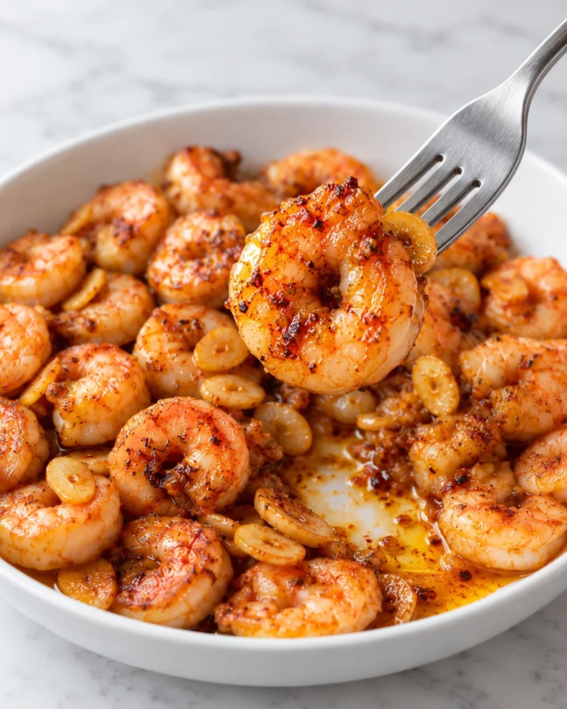 Fork lifting a seared paprika and honey shrimp above a white ceramic bowl, with garlic slices and a serving gap below, on white marble.