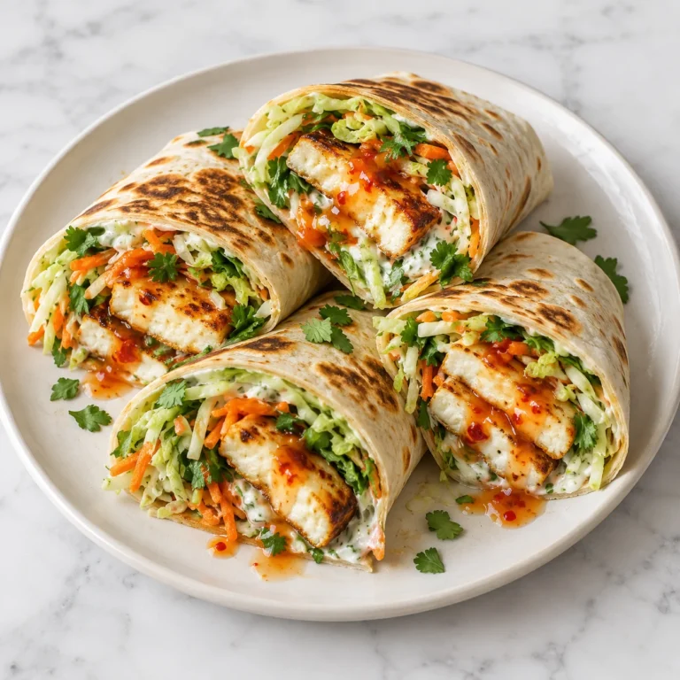 Grilled halloumi wraps with sweet chili sauce, creamy yogurt sauce, crunchy cabbage, carrot, romaine, and cilantro arranged on a complete cream ceramic plate on a bright white marble surface.