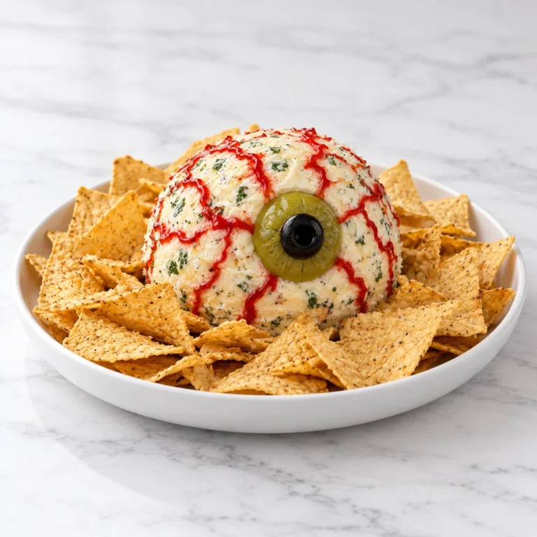Halloween eyeball cheese ball with red sauce veins and an olive eye, surrounded by tortilla chips on a white ceramic platter over white marble.