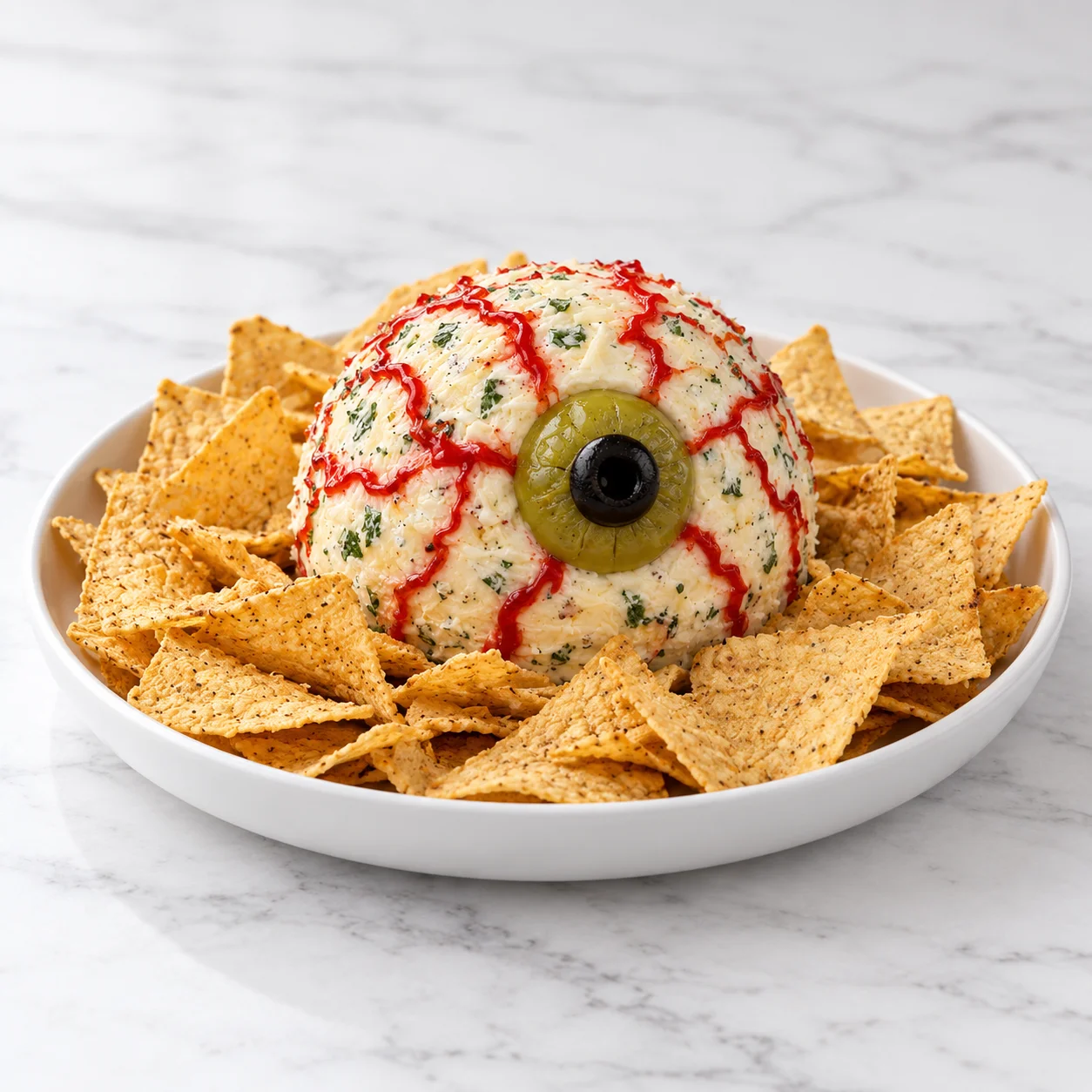 Halloween eyeball cheese ball with red sauce veins and an olive eye, surrounded by tortilla chips on a white ceramic platter over white marble.