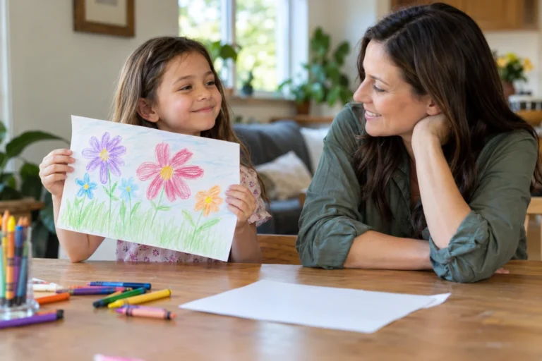 Parents and a teacher supporting young children as they express their feelings, practice respectful communication, take turns, ask for help, and share their artwork.