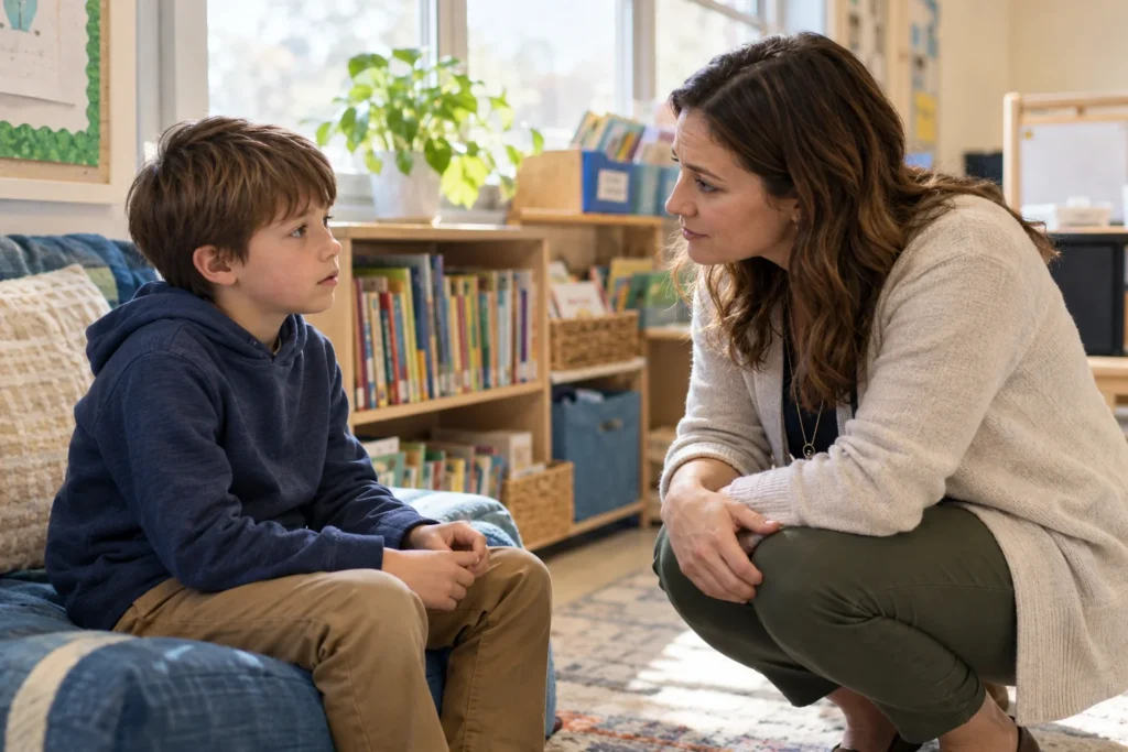 Parents and a teacher supporting young children as they express their feelings, practice respectful communication, take turns, ask for help, and share their artwork.