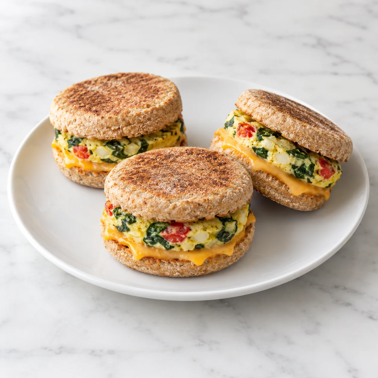 oasted veggie egg and cheddar breakfast sandwiches on a white ceramic plate on white marble.