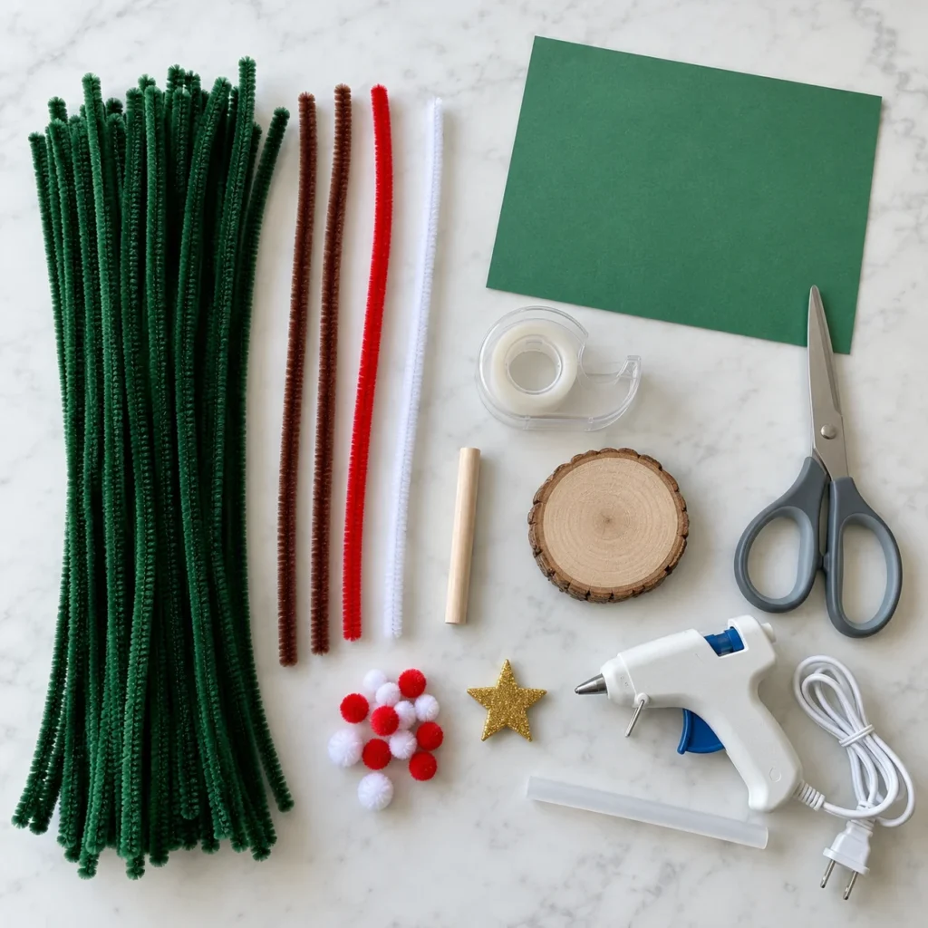 Supplies for a pipe cleaner Christmas tree craft, including colorful pipe cleaners, cardstock, pom poms, a gold star, wood slice, scissors, tape, and a glue gun