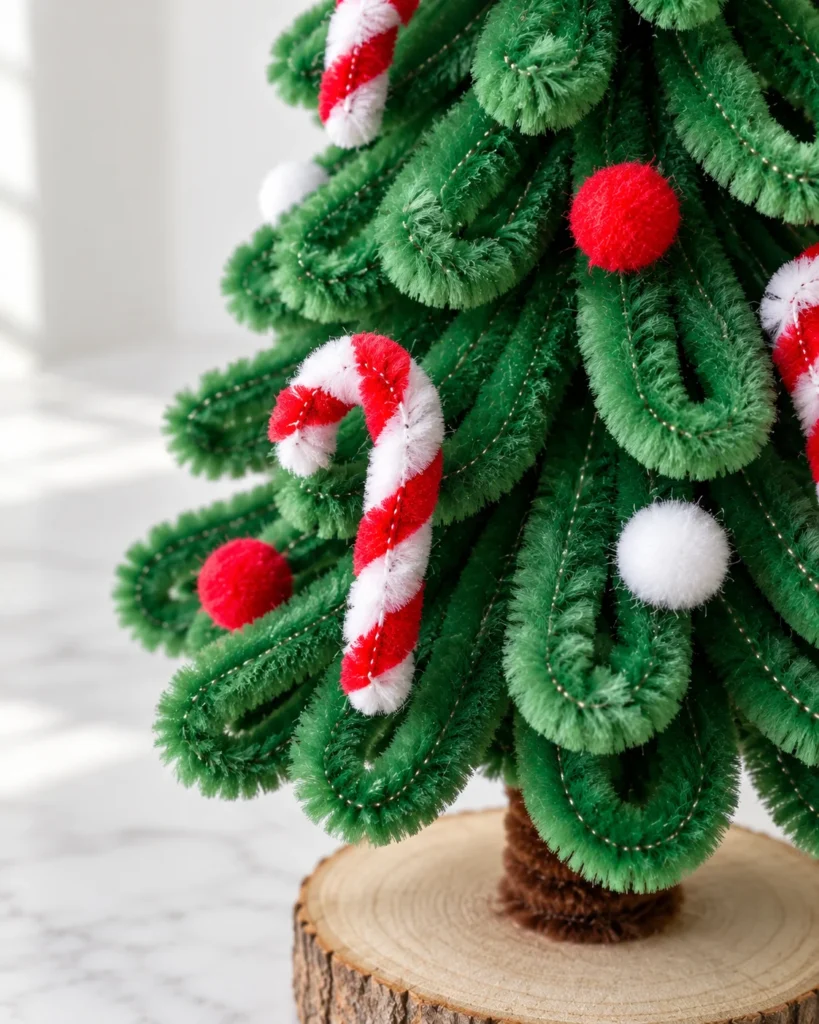 Close-up of green pipe cleaner branches decorated with a red and white candy cane and pom poms.