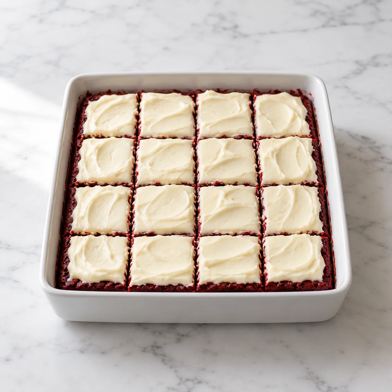 A frosted red velvet brownie lifted with a spatula, revealing its moist interior and a missing square in the white ceramic dish on white marble.