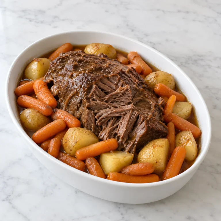 Slow cooker beef pot roast with tender carrots and yellow potatoes in savory juices, served in a white oval dish on white marble.