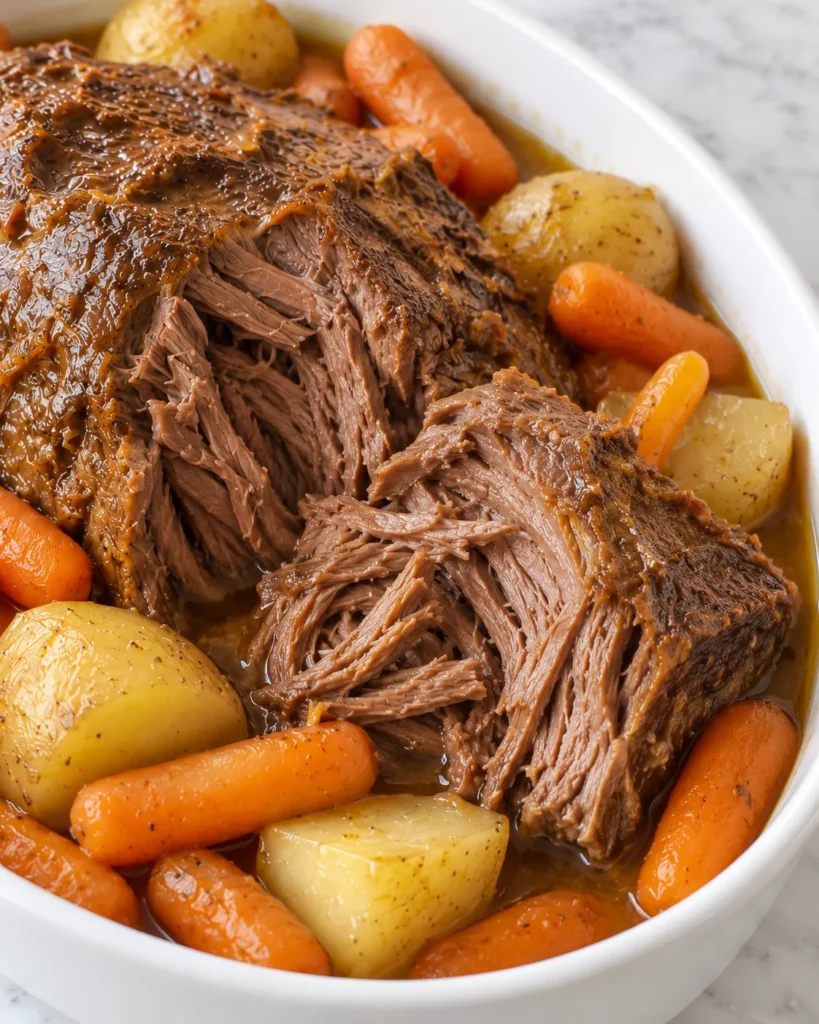 Close view of tender beef pot roast pulled apart beside carrots and yellow potatoes in a white ceramic dish on white marble