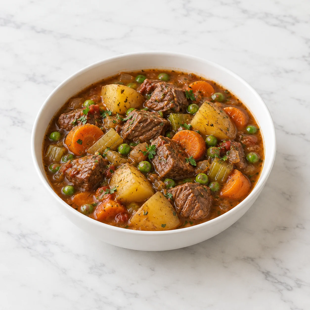 Slow cooker beef stew with potatoes, carrots, celery, and peas in rich gravy, served in a white ceramic bowl on white marble.