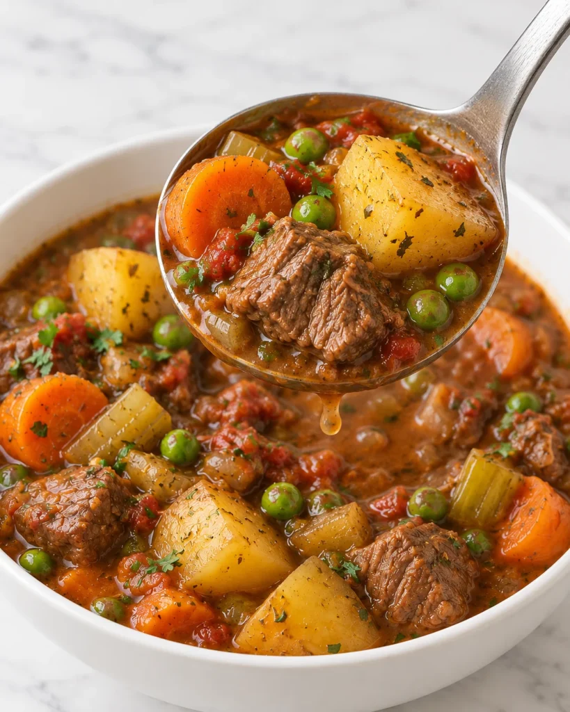 A ladle lifting tender beef, potato, carrot, and peas in thick gravy above a white ceramic bowl of stew on white marble.