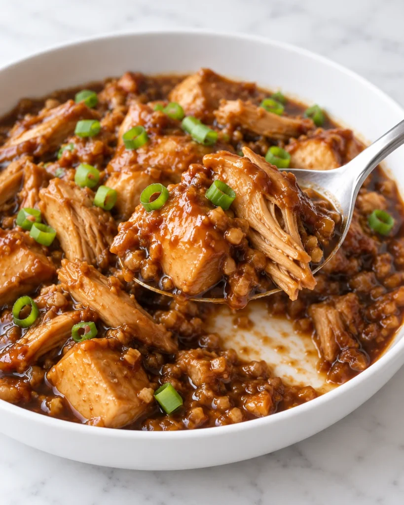 Spoon lifting tender bourbon chicken above a white ceramic bowl, revealing moist fibers and a serving gap below, on white marble.