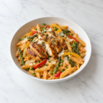 Creamy chipotle chicken penne with peppers, asparagus, peas, and Parmesan in a white bowl on white marble.