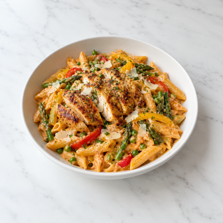 Creamy chipotle chicken penne with peppers, asparagus, peas, and Parmesan in a white bowl on white marble.