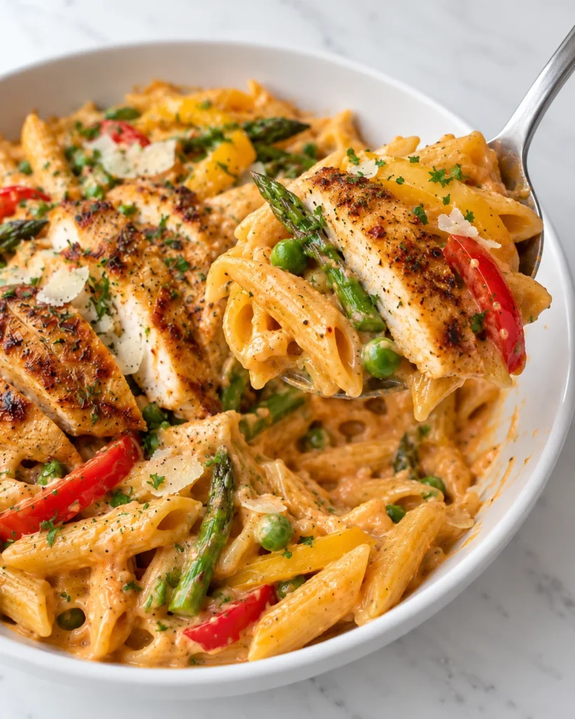 A spoon lifts chicken and creamy chipotle penne above a white bowl, revealing a serving gap in the pasta below.
