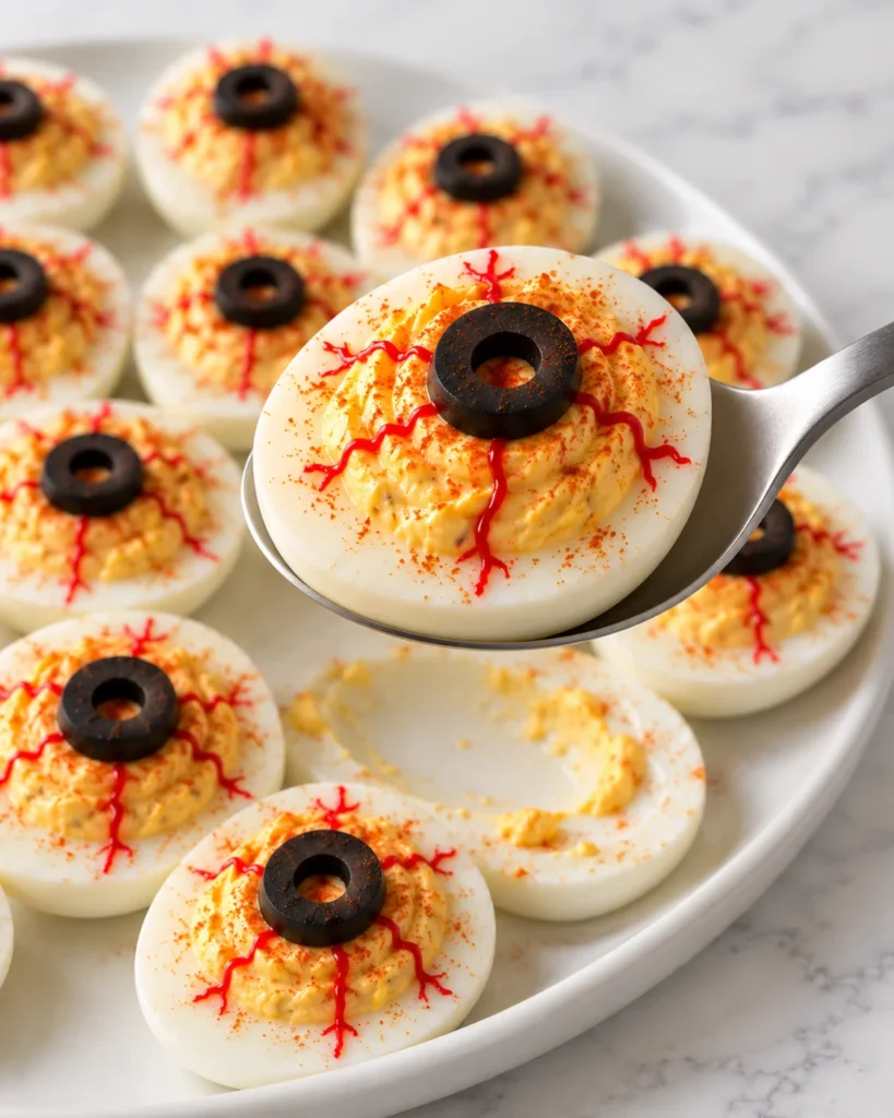 A spoon lifts a deviled egg eyeball, revealing creamy yolk filling above a white ceramic platter on white marble.