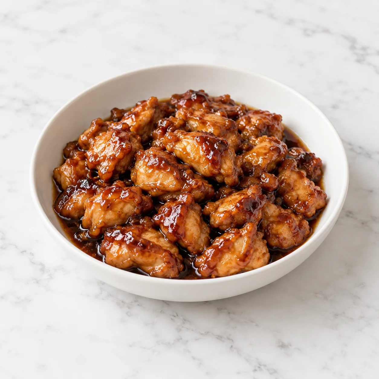 Sticky bourbon chicken coated in a glossy brown glaze, served in a white ceramic bowl on white marble.