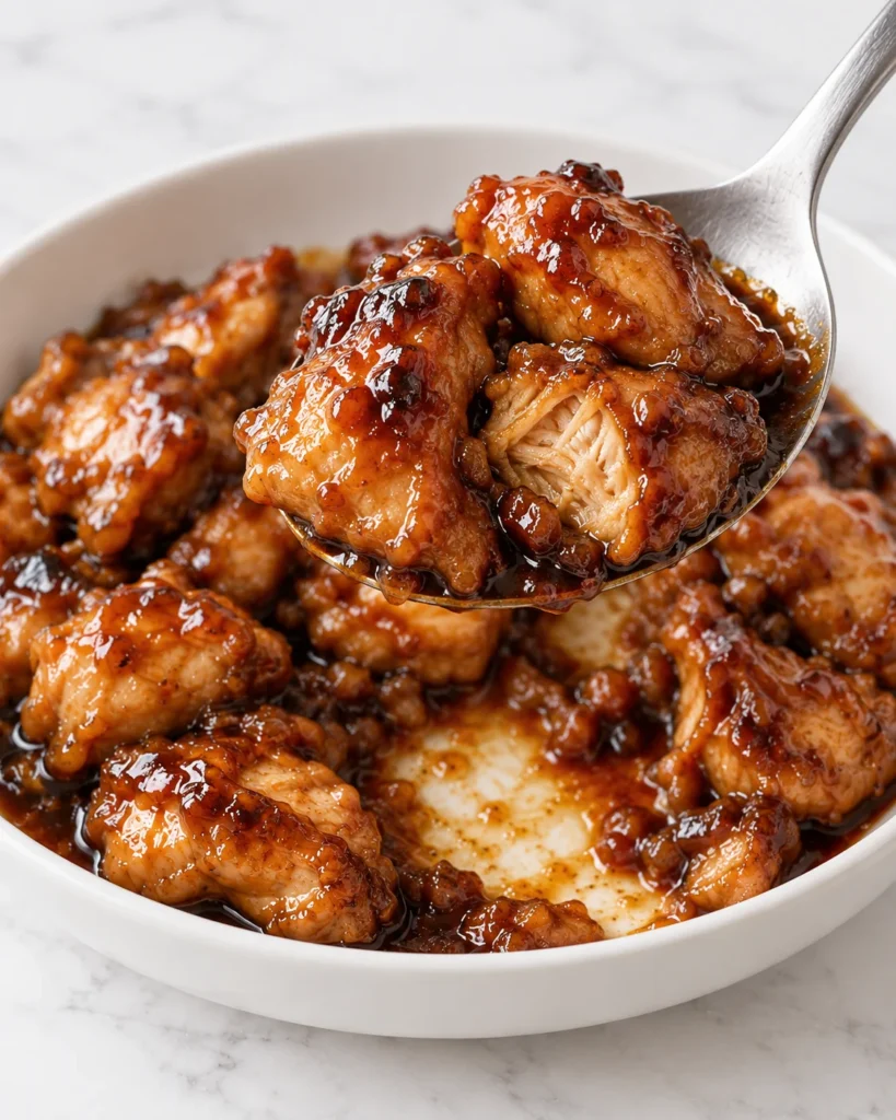 A spoon lifts glazed bourbon chicken, revealing its tender interior and a serving gap in the white ceramic bowl on white marble.