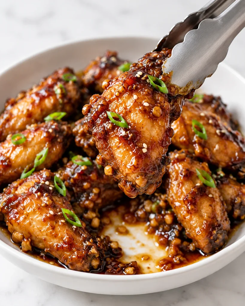 Tongs lifting a glossy Coca Cola chicken wing above a white ceramic bowl, revealing a sauce streaked gap beneath it on white marble.