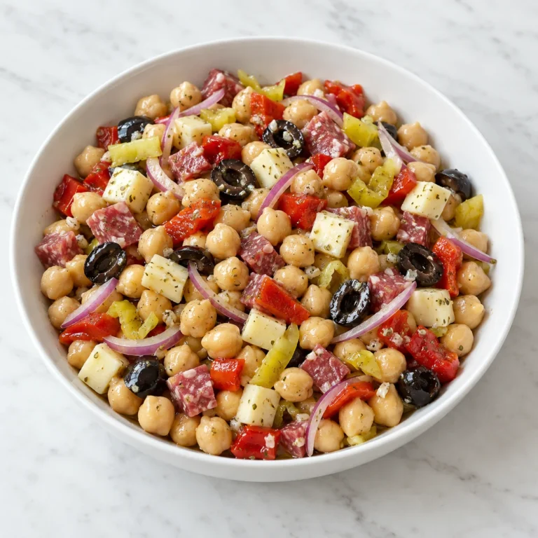Italian chickpea salad with provolone, salami, olives, peppers, and red onion in a white ceramic bowl on white marble.