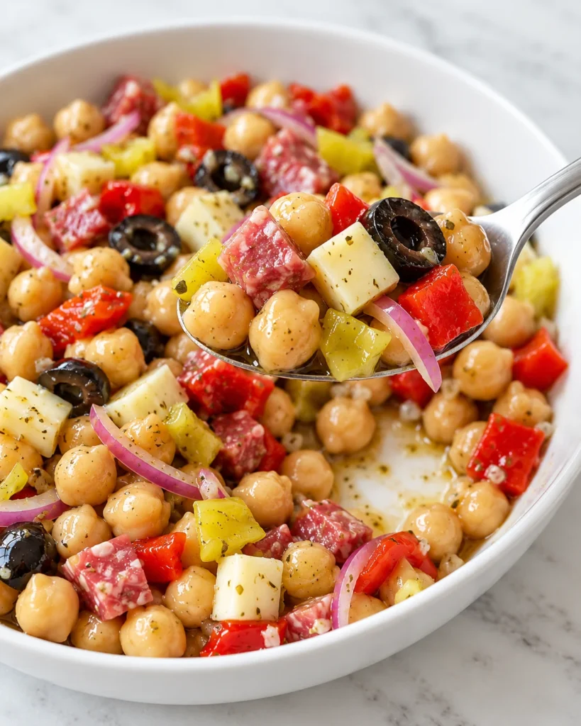 Spoon lifting Italian chickpea salad above a white bowl, revealing chickpeas, cheese, salami, and colorful peppers on white marble.